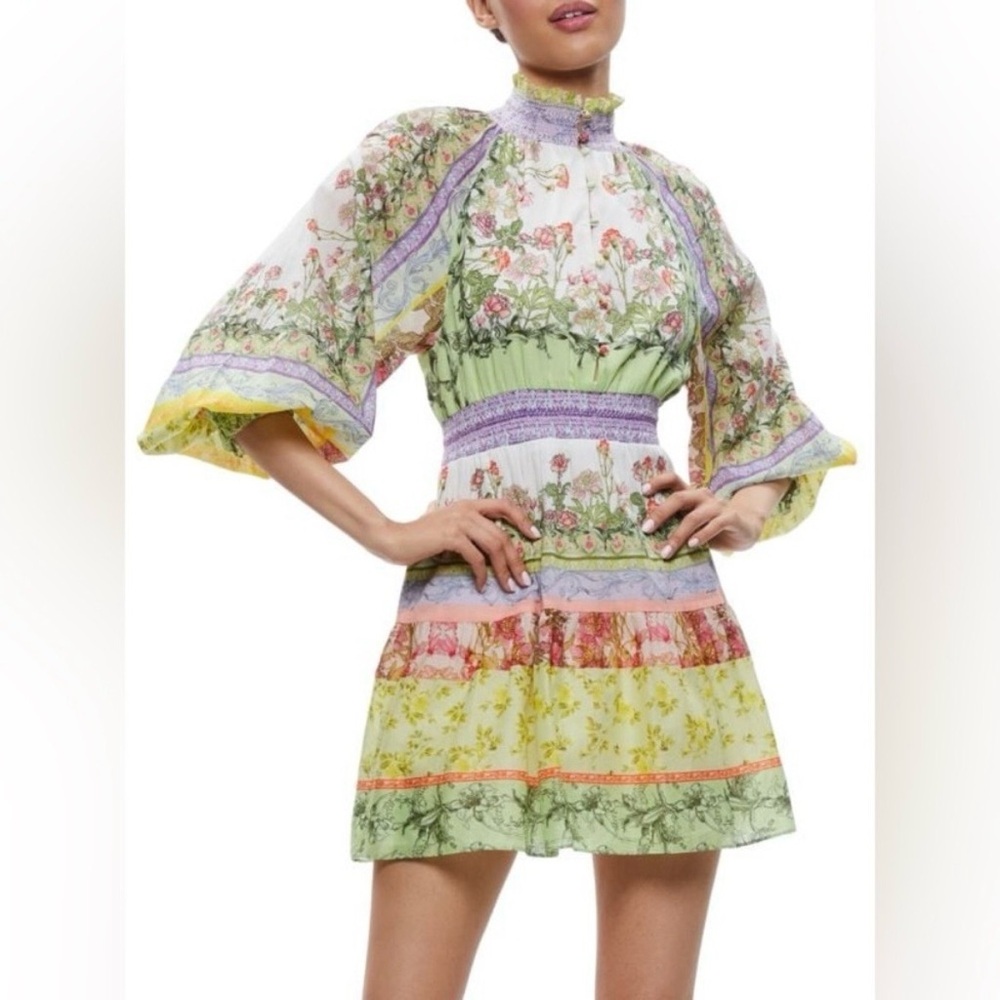 Alice + Olivia Pastel Floral Tiered Mini Dress in Green, Yellow, Purple - Picture 3 of 6